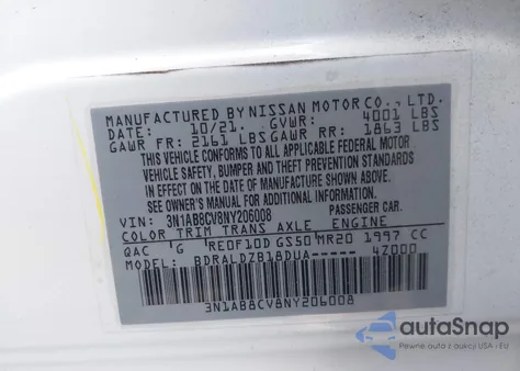 2022 Nissan Sentra Sv Xtronic Cvt z USA, uszkodzony, nr VIN 3N1AB8CV8NY206008